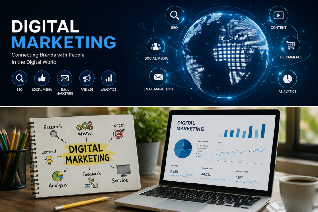 **Alt Text:**
Digital marketing strategy featuring SEO, social media, email marketing, paid advertising, e-commerce, content marketing, and analytics with a laptop dashboard and planning workspace.